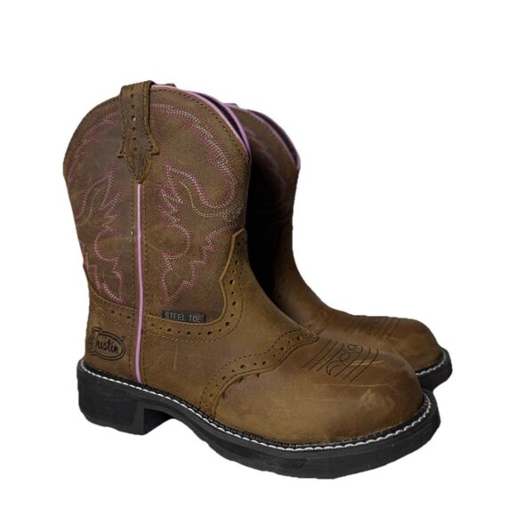 Justin Women 7B Wanette Brown Leather Steel Toe Waterproof Western Work Boot NEW - Picture 1 of 13